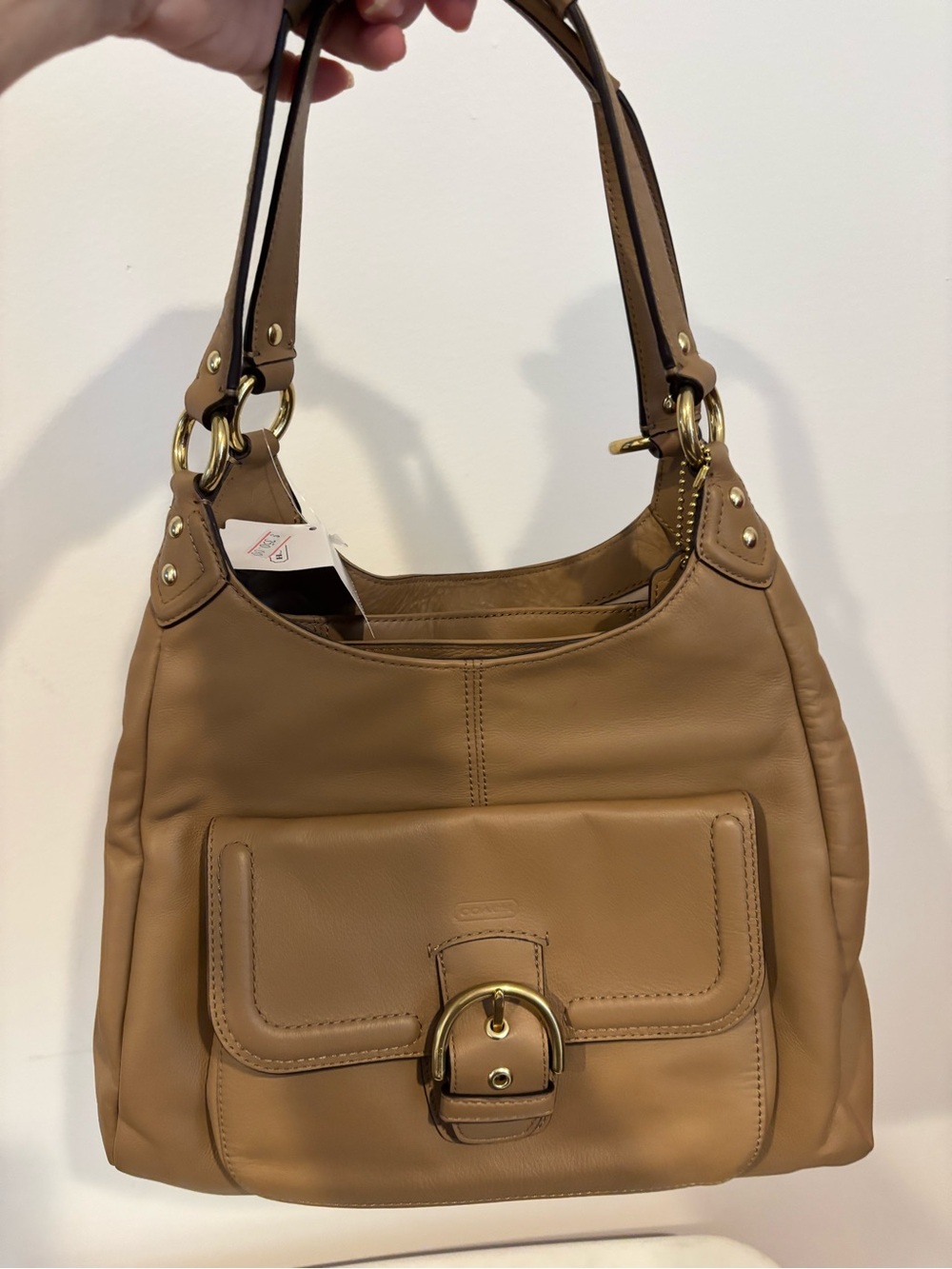 Coach Tan Leather Shoulder Bag with Front Buckle Pocket
